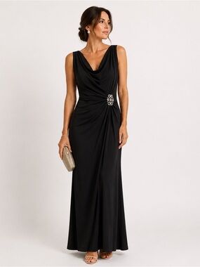 Lauren Ralph Lauren Evening Maxi column Gown Dress 10 Rhinestone Brooch Slit